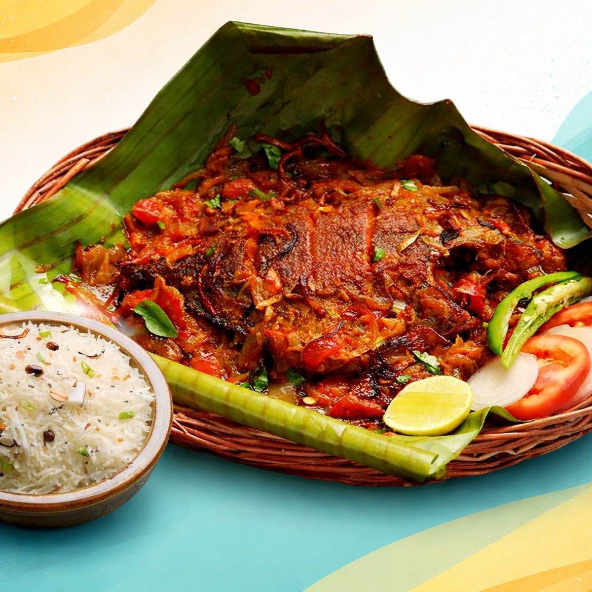 Meen (Pompano) Pollichathu with Coconut Rice