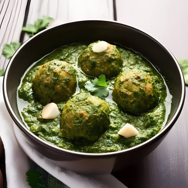 Four green kofta balls in a rich spinach gravy, garnished with garlic and cilantro.