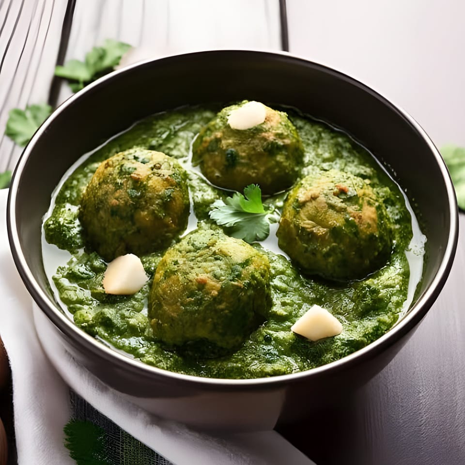 Four green kofta balls in a rich spinach gravy, garnished with garlic and cilantro.
