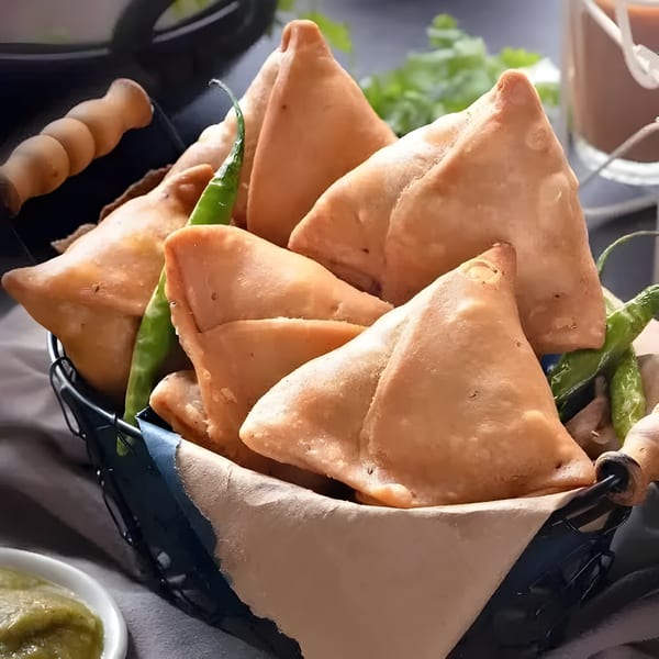 A black wire basket filled with golden-brown samosas and green chilies, with a small bowl of chutney.