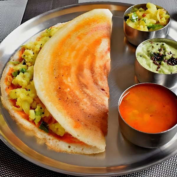 A golden-brown dosa filled with potato masala, served with three small bowls of chutneys on a steel plate.