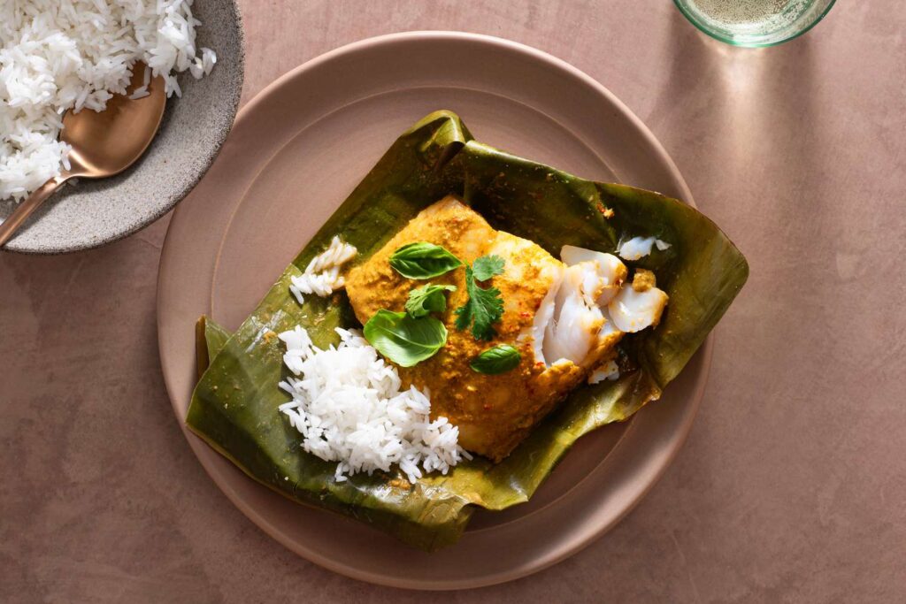 Fish in Banana Leaves with coconut rice